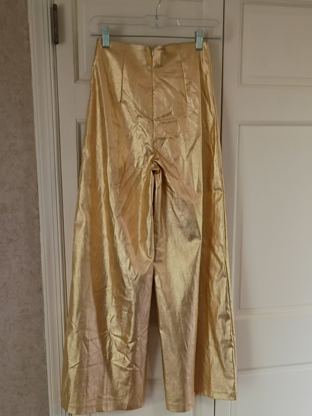 New No Tag.Shiny Gold Wide-Leg Satin Pants - Picture 4 of 7